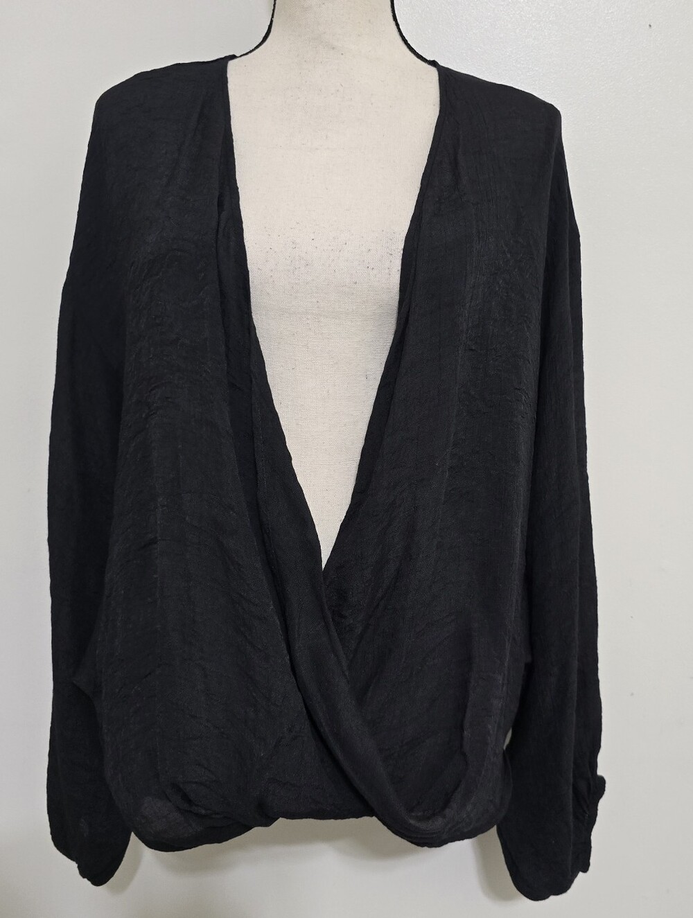 FAVLUX size Large Deep Plunge V Neck Dolman Sleeve Wrap Blouse Black Semi Sheer